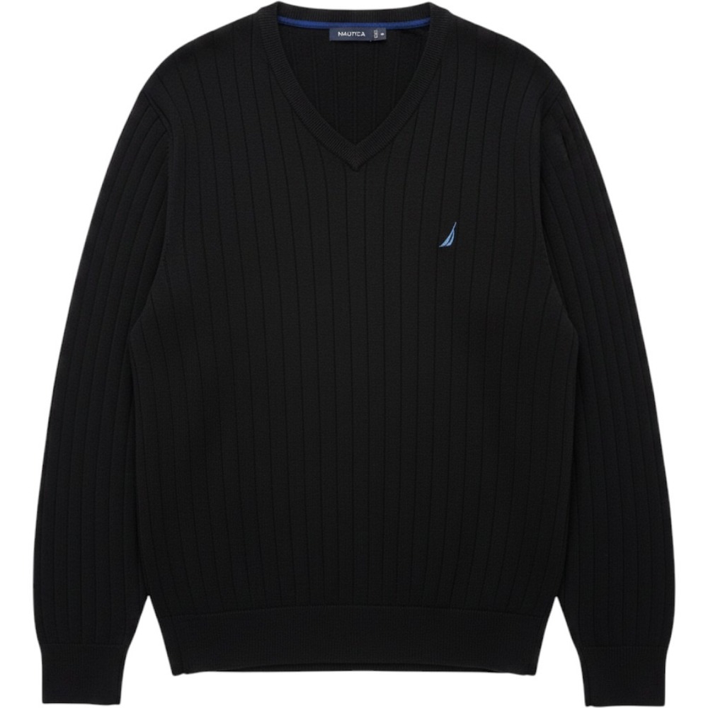 Nautica Mens Ribbed V-Neck Cotton Blend Pullover Sweater XL Navy BlueLogo